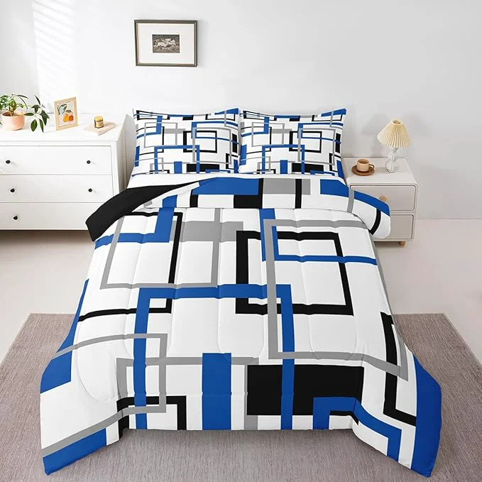 Green Erosebridal Grid Comforter Set White Black Grey Blue Square Bedding Set Geometric Stripes Bold Lines Quilted Duvet Full Warm for Kids Teens Adult Modern Creative Art Down Comforter with 2 Pillowcases Selected