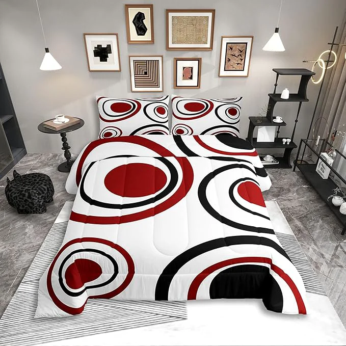 Organic Erosebridal Red Black Circles Bedding Set Full Size Striped Abstract Comforter Set for Adult Women Men Modern Geometric Bed Sets Minimalism Lines Boho Simple Art Duvet Quilt Sets Specialty