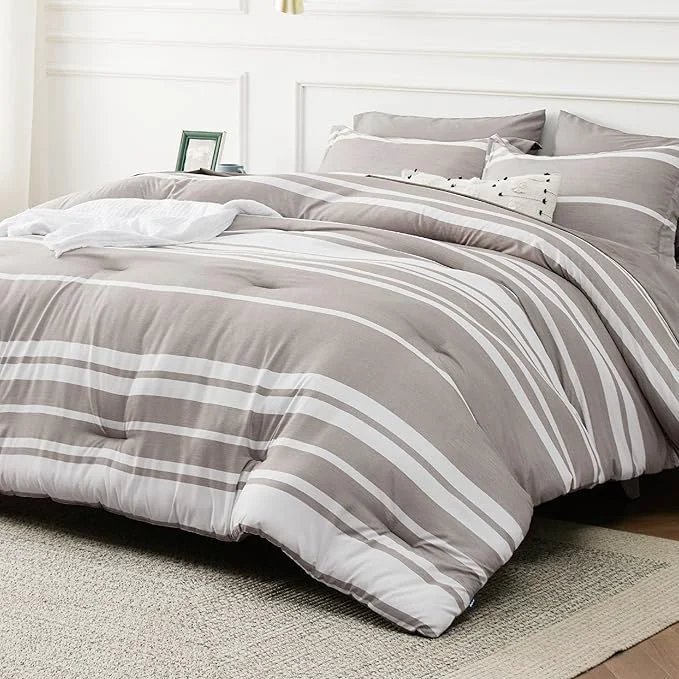 Crafted Bedsure Full Comforter Set 7 Pieces Taupe Striped Bedding Set for All Seasons Reversible Cationic Dyeing Bed in a Bag with Comforter Sheets Pillowcases amp Shams Easy-to-Use