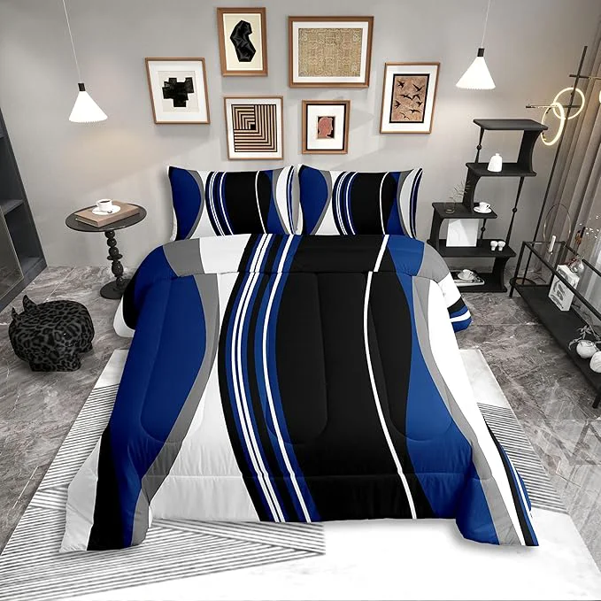 High-Quality Erosebridal Blue Black Abstract Queen Comforter Set for Adult Women Men Grey Modern Striped Bedding Set Geometric Stripes Lines Bed Set Contemporary Art Boho Quilt Set for Minimalist Fine