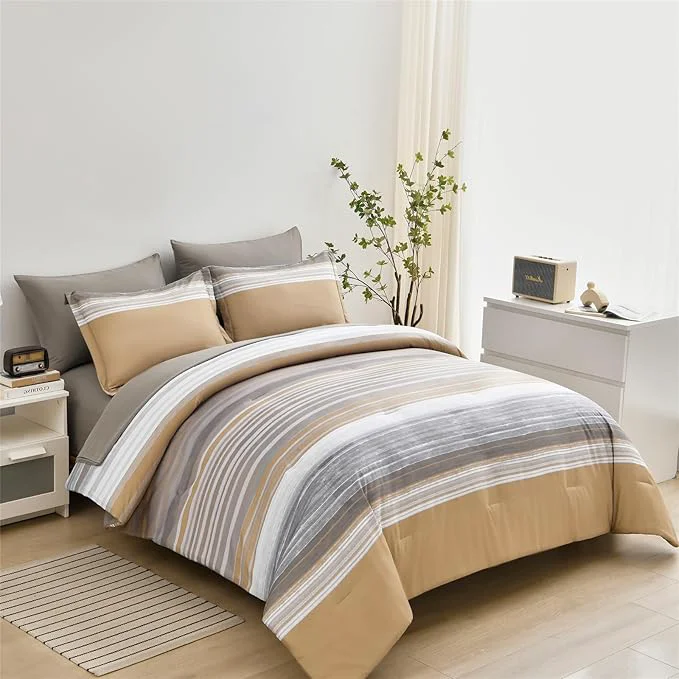 High-Quality KAKIJUMN 7 Piece Bed in a Bag Stripe Comforter Set King Size White Grey Khaki Patchwork Striped Comforter and Sheet Set All Season Soft Microfiber Complete Bedding Set Khaki King Carefully Designed