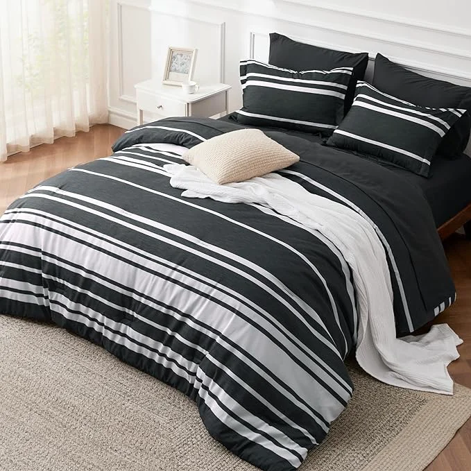 Verified Bedsure Twin Comforter Set 5 Pieces Black Striped Bedding Set for All Seasons Reversible Cationic Dyeing Bed in a Bag with Comforter Sheets Pillowcase amp Sham Natural