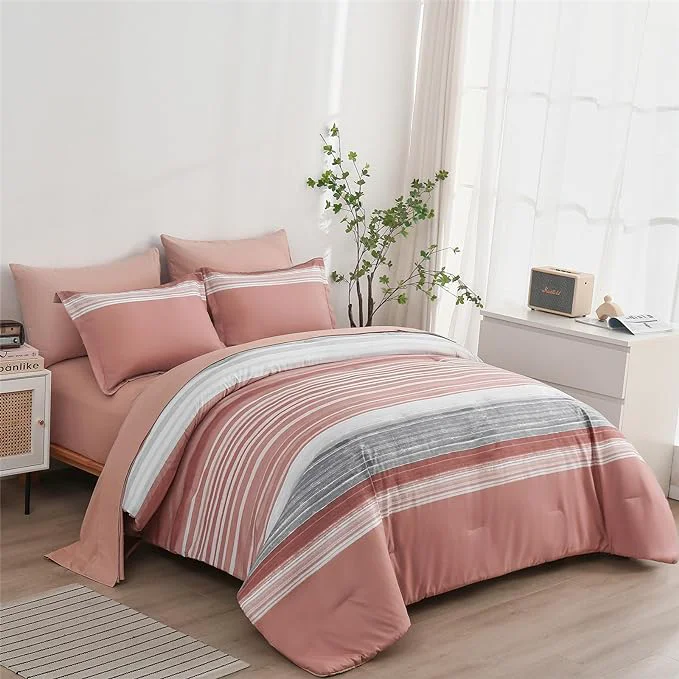 Crafted KAKIJUMN 7 Piece Bed in a Bag Stripe Comforter Set Full Size White Grey Blush Pink Patchwork Striped Comforter and Sheet Set All Season Soft Microfiber Complete Bedding Sets Pink Full Smooth