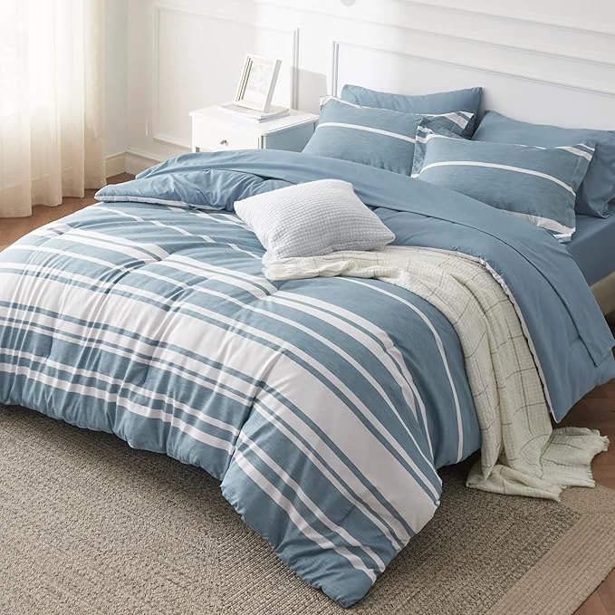 Reusable Bedsure Queen Comforter Set 7 Pieces Grey Blue Striped Bedding Set for All Seasons Reversible Cationic Dyeing Bed in a Bag with Comforter Sheets Pillowcases amp Shams Casual