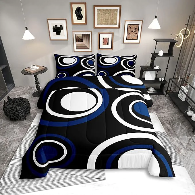 Crafted Erosebridal Black Blue Vortex King Bedding Set Chic Geometric Abstract Mens Comforter Set for Adult Women Men Striped Aesthetic Circles Bed Collections Boho Modern Duvet Quilt Sets Fast