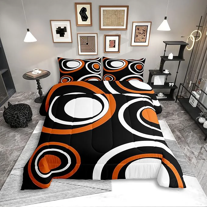 Effective Erosebridal Orange Black Abstract King Bedding Set Modern Striped Circles Comforter Set for Adult Women Men Boho Geometric Art Aesthetic Bed Collections Minimalist Black White Abstract Quilt Sets Original