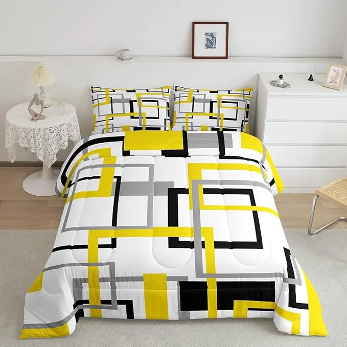 Lightweight Grey Golden Black White Comforter Set Colorful Geometric Square Bedding Set for Kids Boys Girls Bedroom Decor Grid Plaid Stripes Quilted Duvet Queen Modern Simple Style Graphic Down Comforter Casual