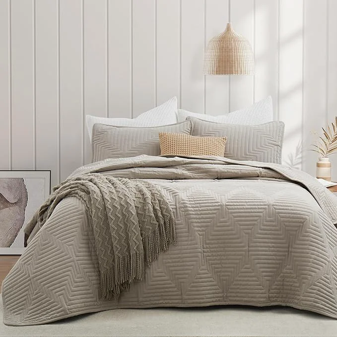 Proven Oli Anderson King Quilt Set Khaki Lightweight Soft Bedspread Coverlet Basket Weave Pattern Bedding 3PCS Modern Geometric Stitching Textured Comforter Sets 1 Quilt and 2 Pillow Shams Original
