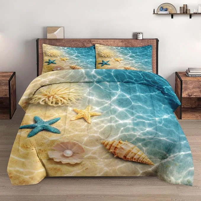 Durable Queen Size Comforter Set with 2 Pillowcases Summer Marine Seashell Starfish Beach Ocean Soft 3 Pcs Bedding for Kids and Adults Bedroom Bed Decor Premium Material
