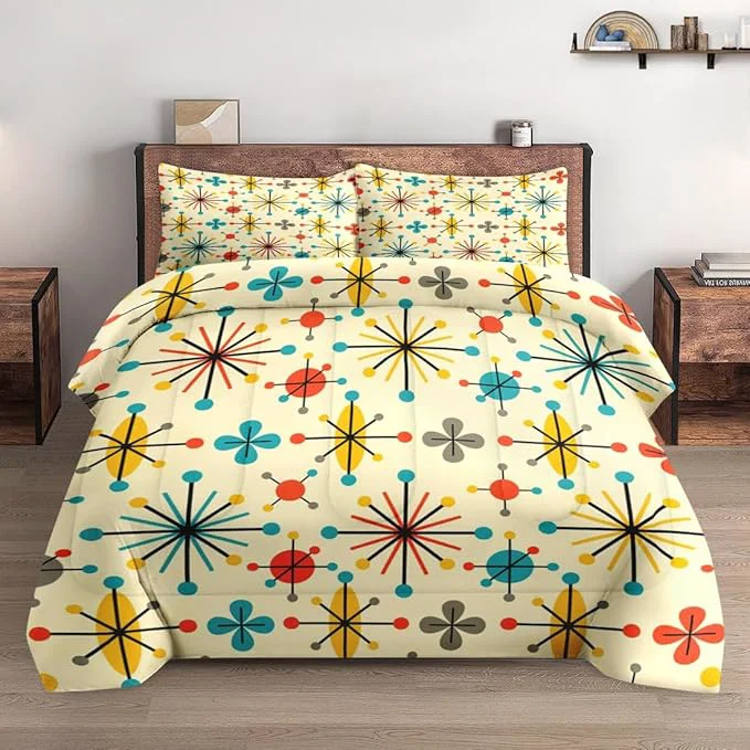 Solid Full Size Comforter Set with 2 Pillowcases Mid Century Retro 50S Atomic Soft 3 Pcs Bedding for Kids and Adults Bedroom Bed Decor Exceptional
