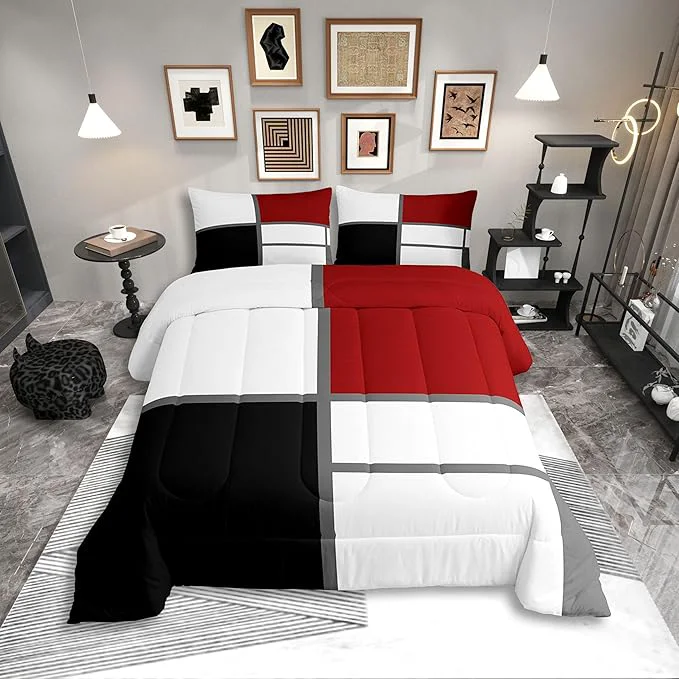 High-Quality Erosebridal Geometric Abstract King Bedding Set Red and White Striped Comforter Set for Adult Women Men Square Grid Bed Collections Modern Art Patchwork Duvet Quilt Sets for Minimalist Trusted