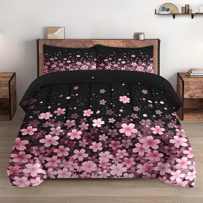 Prestigious Full Size Comforter Set with 2 Pillowcases Spring Cherry Pink Flower Tree Soft 3 Pcs Bedding for Kids and Adults Bedroom Bed Decor Breathable