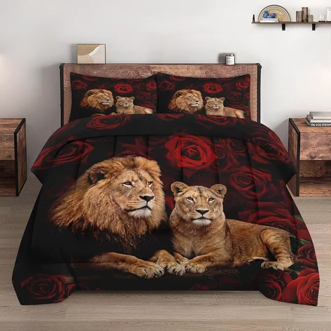Genuine Full Size Comforter Set with 2 Pillowcases Lion Family Soft 3 Pcs Bedding for Kids and Adults Bedroom Bed Decor Smart