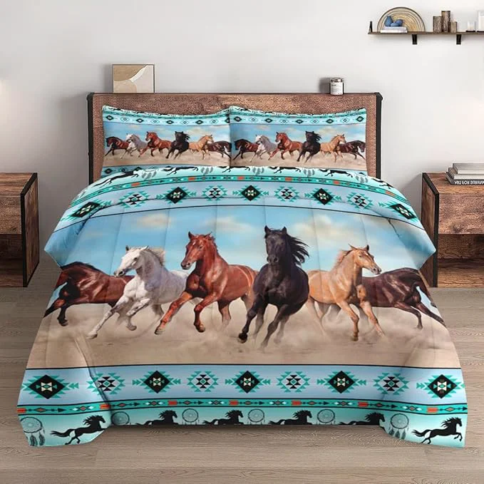 Luxury Twin Size Comforter Set with Pillowcase Horses Desert Animal 2 Pcs Bedding for Kids and Adults Tribal Farm Sunset Run Soft Comforter Set for Bedroom Bed Decor Excellent