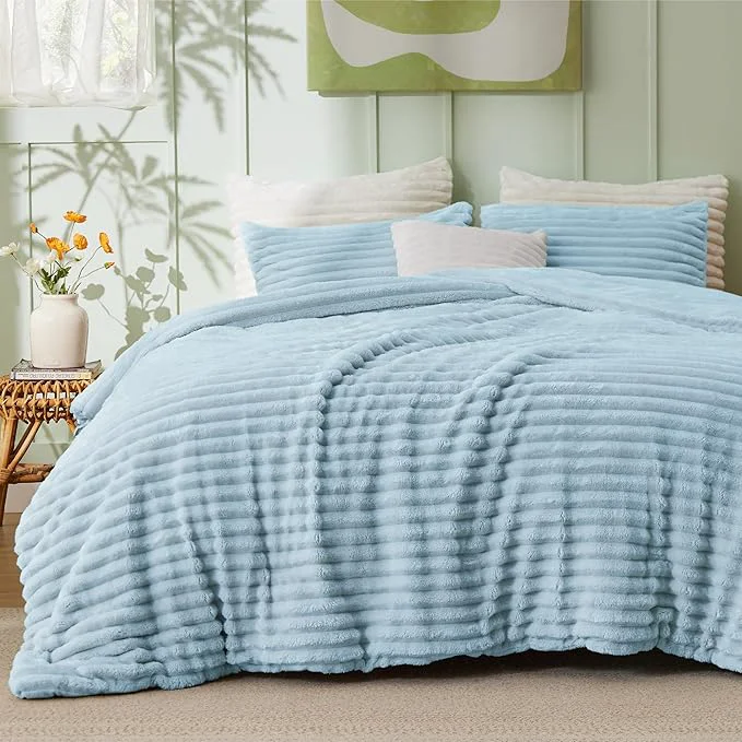 Original Bedsure King Comforter – GentleSoft™ 3 Pieces Double-Side Fleece Fluffy Light Blue Comforter Set Cozy Striped Room Decor Aesthetic Luxury King Size Bedding with 2 Pillowcases 104×90 Inches High-Quality