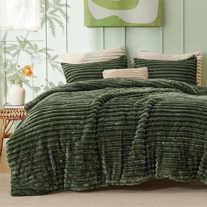 Efficient Bedsure Full Size Comforter Sets – GentleSoft™ 3 Pieces Double-Side Fleece Fluffy Olive Green Comforter Set Cozy Striped Room Decor Aesthetic Luxury Full Size Bedding 2 Pillowcases 82×86 Inches Detailed