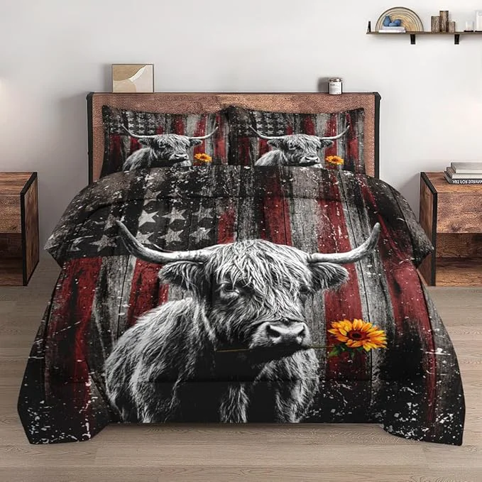Durable Queen Size Comforter Set with 2 Pillowcases Highland Cow Animal 3 Pcs Bedding for Kids and Adults Farm American Flag Soft Comforter Set for Bedroom Bed Decor Easy-to-Use