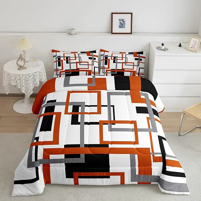 High-Grade Erosebridal Geometric Square Comforter Set for Men Women White Black Orange Bedding Set Abstract Grid Patchwork Quilt Set Lightweight Modern Down Comforter with 1 Pillow Sham Twin Size Casual