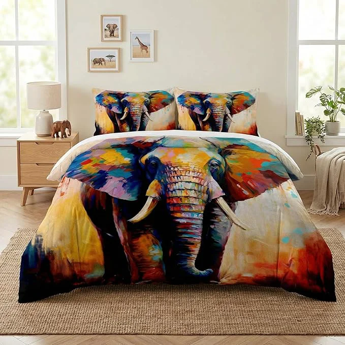 Luxury Full Size Comforter Set with 2 Pillowcases Painting Colorful Elephant Soft 3 Pcs Bedding for Kids and Adults Bedroom Bed Decor Environmentally Friendly