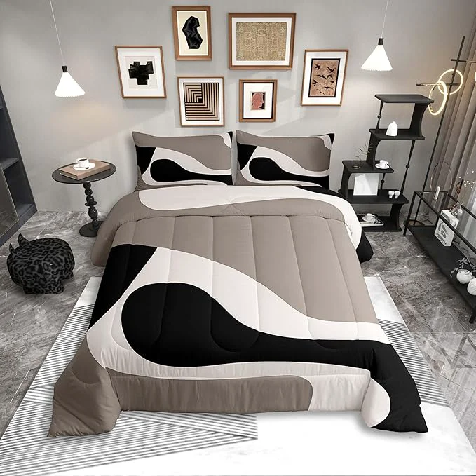 Professional Erosebridal Black Beige Striped Comforter Set King Size Boho Modern Geometric Abstract Bedding for Women Men Adults Stripes Bold Lines Quilt Minimalist Stylish Art Bedding Comforter Sets Authentic