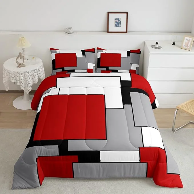 Exceptional Erosebridal Red Grey Black White Comforter Set for Women Men 3D Modern Square Bedding Set Queen Geometric Quilt Set Square Grid Patchwork Down Comforter with 2 Pillowcases Ultra Soft Comfortable
