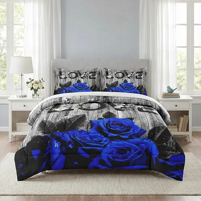 Relaxed Comforter Set King Size with 2 Pillowcases Summer Vintage Woodboard 3 Pcs Bedding for Kids and Adults Dark Blue Rose Flower Soft Comforter Set for Bedroom Bed Decor Environmentally Friendly