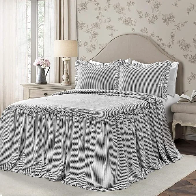 Convenient Lush Decor Ticking Stripe Bedspread King Size 3 Piece Set Black – Ruffle Bedding Set King Bedspreads – Striped Bedding – Farmhouse amp Coquette Decor Safe
