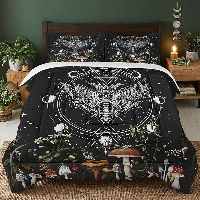Genuine King Size Comforter Set with 2 Pillowcases Moth Dead Moon 3 Pcs Bedding for Kids and Adults Vintage Mushroom Wildflower Soft Comforter Set for Bedroom Bed Decor Healthy