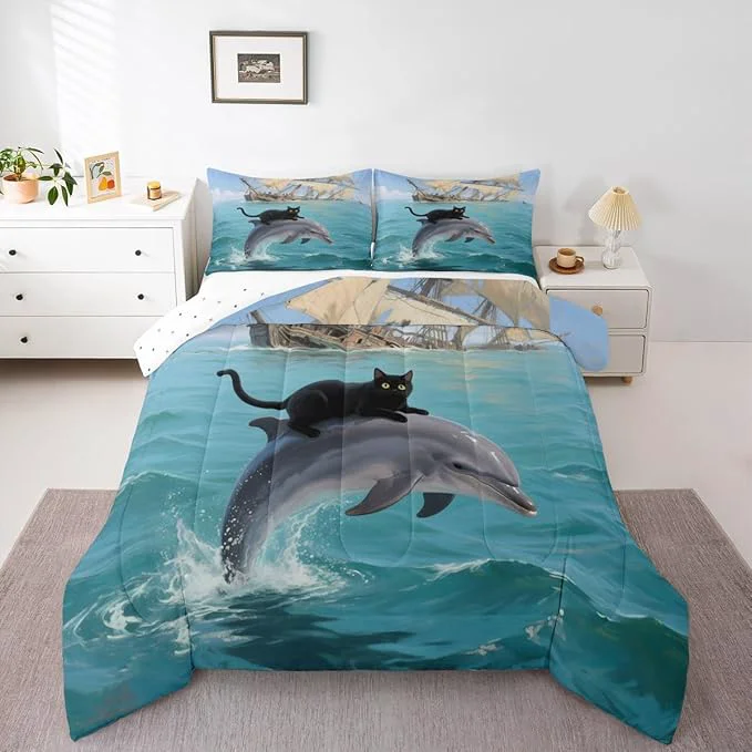 Specialty Erosebridal Black Kitten Bedding Set Toddler Size Dolphin Comforter Set for Kids Girls Boys Marine Waves Kawaii Cat Sea Ship Blue White Comforter Warm Soft Quilt Insert Traditional