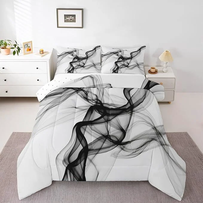 Lightweight Erosebridal Geometric Quilt Insert Twin Size Ink Line Bedding Set for Minimalists Gradient Stripe Aesthetic White Comforter Warm Soft Comforter Set Durable
