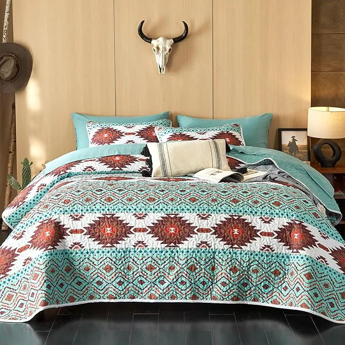 Excellent Wake In Cloud – Western Quilt Set Southwestern Aztec Country Style with Rustic Ranch Vibe Reversible Lightweight Bedspread Coverlet 3 Pieces Turquoise Brown Queen Full Size Practical
