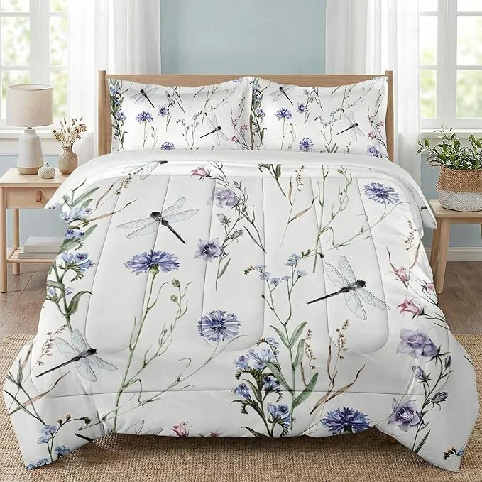 Trendy Full Size Comforter Set with 2 Pillowcases Summer Flower Painting Dragonfly Floral Soft 3 Pcs Bedding for Kids and Adults Bedroom Bed Decor Safe
