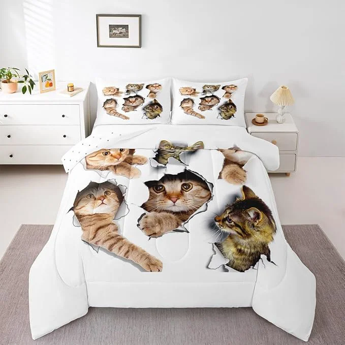 Smart Erosebridal 3D Kitten Bedding Set King Size Kawaii Cats Comforter Set for Kids Men Women Paw Cute Pet Animal White Orange Comforter Warm Soft Quilt Insert Artisan