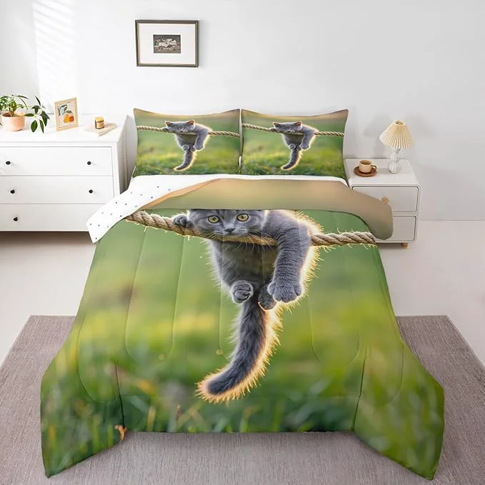 Exclusive Erosebridal Kawaii Kitten Comforter Set Twin Size Hemp Rope Bedding Set for Kids Girls Boys Grass Natural Sunshine Yellow Green Comforter Warm Soft Quilt Insert Contemporary