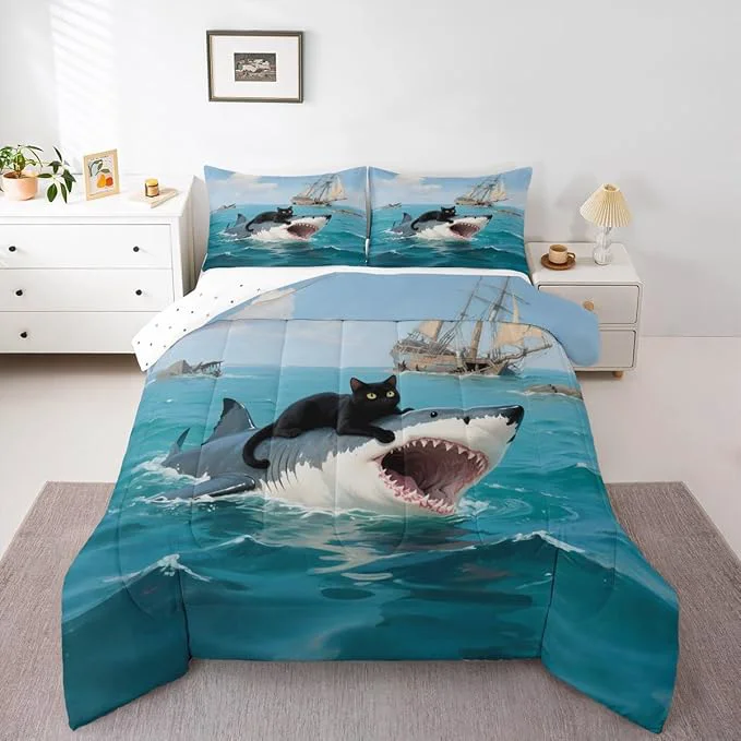 Quality Erosebridal Black Cat Quilt Insert King Size Shark Bedding Set for Kids Girls Boys Safari Kitten Sea Waves Marine Nautical Blue Comforter Warm Soft Comforter Set Organic