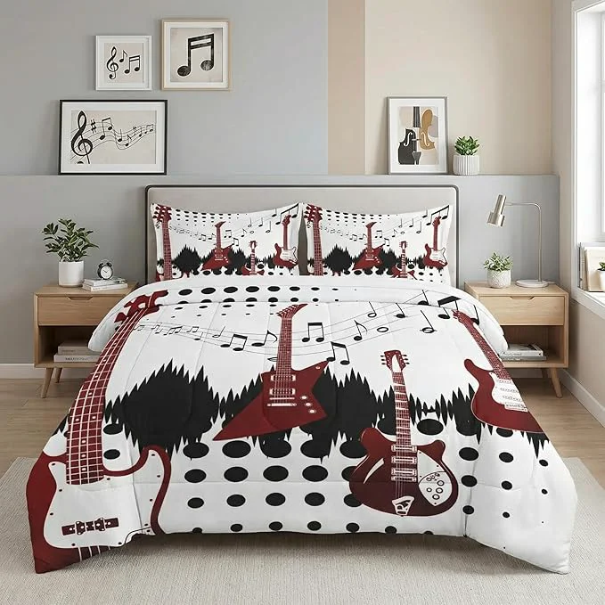 Dependable Twin Size Comforter Set with Pillowcase Guitar Rock Music 2 Pcs Bedding for Kids and Adults Musical Play Soft Comforter Set for Bedroom Bed Decor Premium