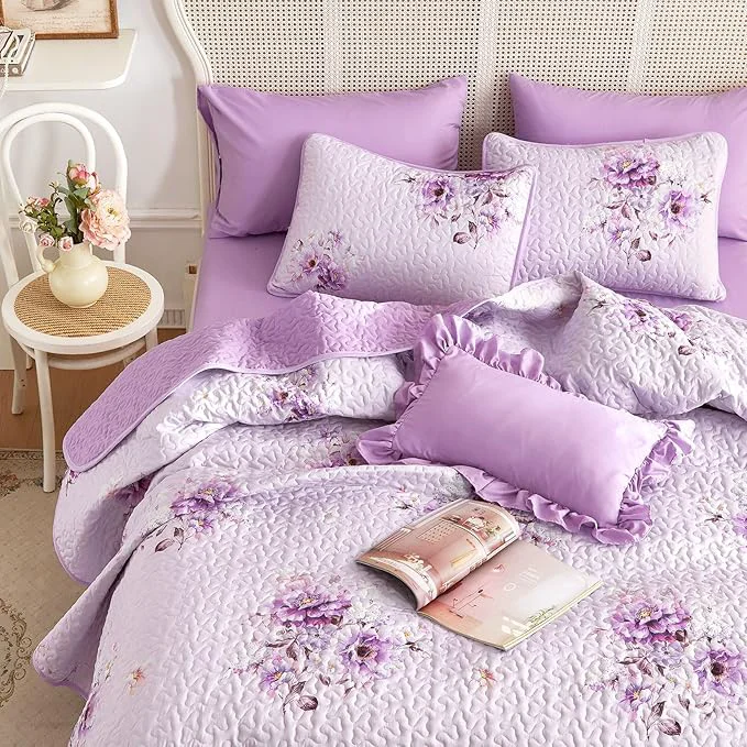 Verified Wake In Cloud – Shabby Chic Quilt Set Floral Coquette Cottagecore Farmhouse Vintage Flowers for Women Teen Girls Reversible Lightweight Bedspread Coverlet 3 Pieces Purple Queen Full Size Contemporary