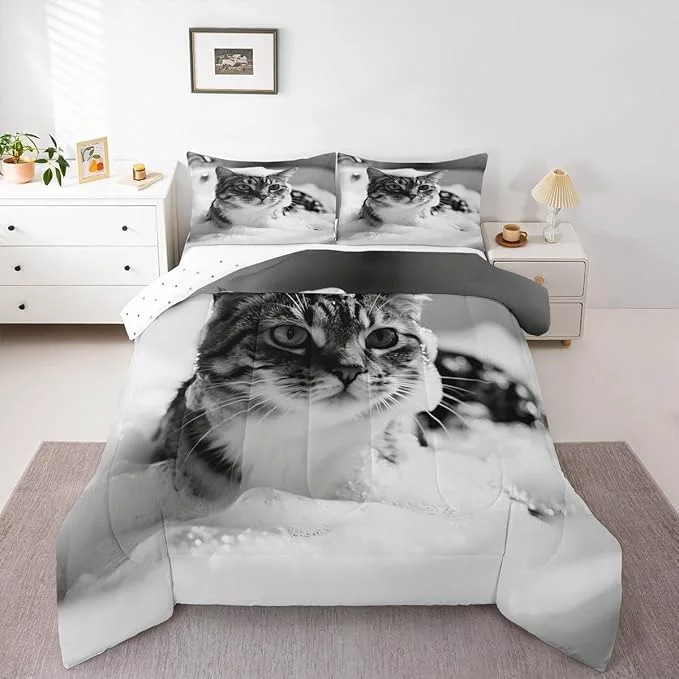 Erosebridal Cat Comforter Set Toddler Size Cute Kitten Quilt Insert for Kids Men Women Kawaii Beard Animal White Grey Comforter Warm Soft Bedding Set High-Grade
