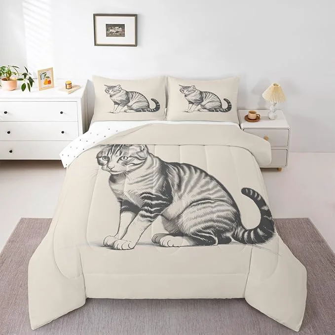 Trendy Erosebridal Kawaii Kitten Quilt Insert Toddler Size 3D Cute Bedding Set for Kids Boys Girls Sketch Animal Beige Cat Comforter Warm Soft Comforter Set Natural