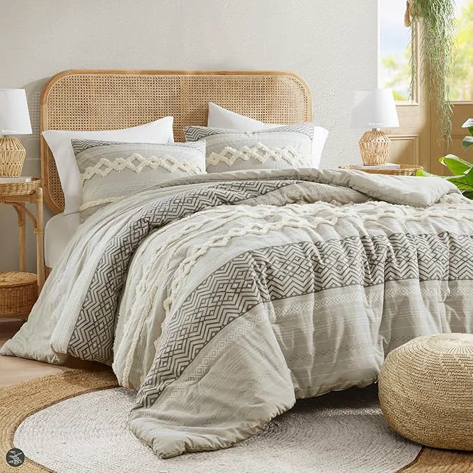 High-Performance Hyde Lane Farmhouse Comforter Set Gray Full Queen Size Boho Bedding Sets Cotton Top with Modern Neutral Style Clipped Jacquard Stripes 3-Pieces Including Matching Pillow Shams 90×90 inches Specialty