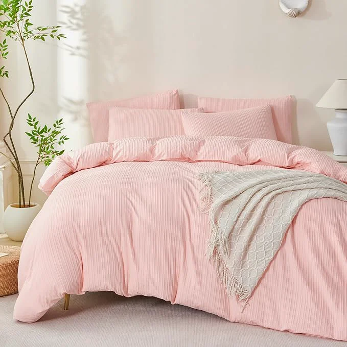 Modern Pink Striped King Comforter Set Soft Luxury Washed Microfiber Jacquard 3 Pieces Bedding Set Pink Jade Vertical Ticking Stripes Comforter with 2 Pillowcases Breathable Durable Comfy Eco-Friendly