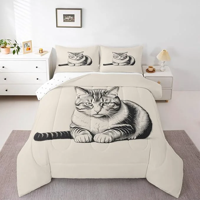 Proven Erosebridal Kitten Bedding Set Toddler Size Sketch Cat Comforter Set for Kids Boys Girls 3D Kawaii Pet Animal Cute Beige Grey Comforter Warm Soft Quilt Insert Detailed