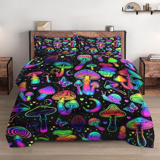 Dependable King Size Comforter Set with 2 Pillowcases Summer Halloween Mushroom Neon Soft 3 Pcs Bedding for Kids and Adults Bedroom Bed Decor Carefully Designed