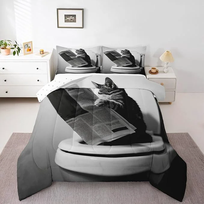 Classic Erosebridal Cat Quilt Insert Twin Size Kawaii Kitten Bedding Set for Kids Boys Girls Newspaper Reading Cute 3D Black Grey White Comforter Warm Soft Comforter Set Responsible