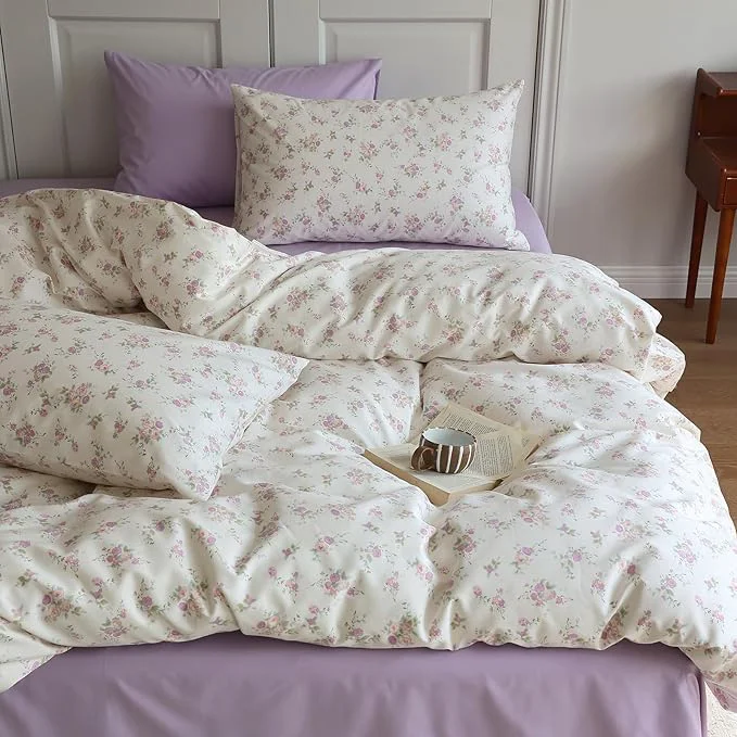 Recyclable HighBuy Garden Floral Full Size Comforter Set Purple Flower Fluffy Boho Chic Floral Bedding Comforter Set 3 Piece Bedding Set Girls Fresh Botanical Comforter Set for All Season Bed Set Elite