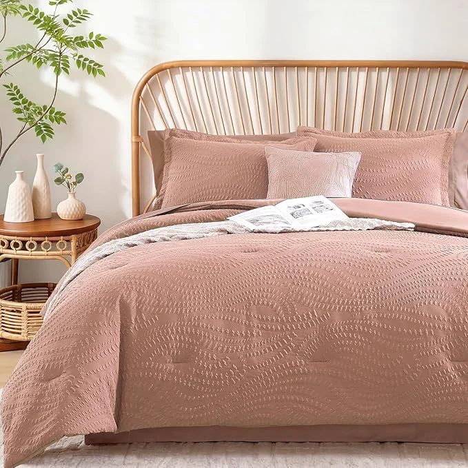 Innovative Geniospin Queen Comforter Set – 7 Pieces Dusty Pink Bedding Set Botanical Textured Comforter Bed Set All Season Lightweight Bed in a Bag with Comforter Sheets Pillowcases amp Shams Minimalist