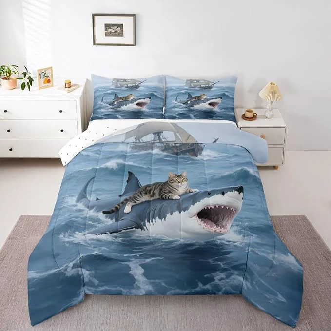 Sophisticated Erosebridal Kitten Comforter Set Queen Size Shark Bedding Set for Kids Girls Boys Safari Sea Waves Nautical Ocean Ship Blue White Comforter Warm Soft Quilt Insert High-Performance