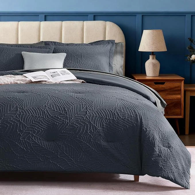 Clean Geniospin Full Size Comforter Set – Blue Gray Textured Bedding Sets Full 7 Pieces Bed in A Bag with Comforter Sheets Pillowcases amp Shams All Season Blue Gray Bedding Premium