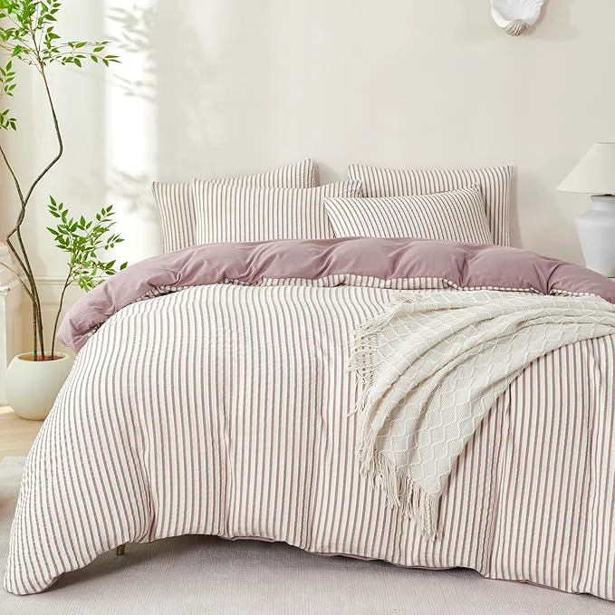 High-Quality Comforter Set Queen Size Soft Luxury Washed Microfiber Jacquard 3 Pieces Bedding White Grayish Purple Vertical Ticking Stripes Pattern Comforter with 2 Pillowcases Breathable Durable Comfy Reliable