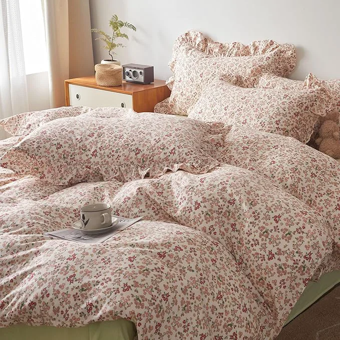 Luxury HighBuy Ruffle Lace Comforter Set Queen Pink Floral Bedding Comforter Set Queen for Teen Girl Pink Floral Comforter Sets Smooth Soft Boho Floral Comforter Sets with 2 Pillowcases High-Performance